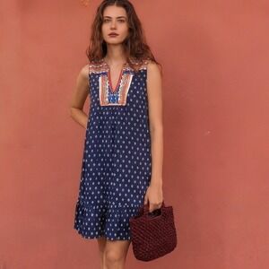Anthropology THML Embroidered Boho Mini Dress Womens Medium Navy Blue Sleeveless